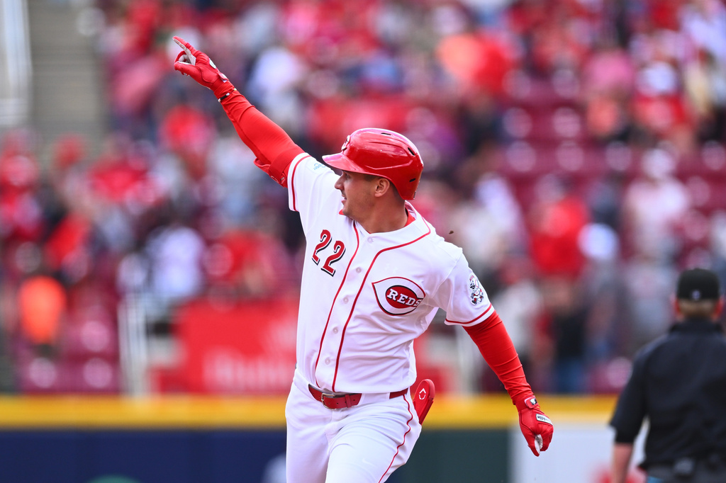 Cincinnati Reds' JJ Bleday (22) reacts after hitting a three-run home run during the fifth inning of a baseball game against the Washington Nationals in Cincinnati, Thursday, May 14, 2026. (AP Photo/Ben Jackson)