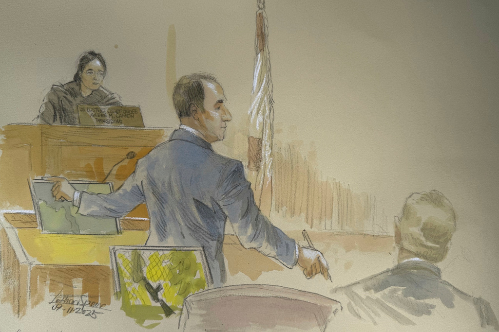 This courtroom sketch shows lead government prosecutor John Shipley speaking during the opening statements of the during the trial of Ryan Routh, who is charged with attempting to assassinate Donald Trump last year at a golf course in South Florida, Thursday, Sept. 11, 2025, in Fort Pierce, Fla. (Lothar Speer via AP)