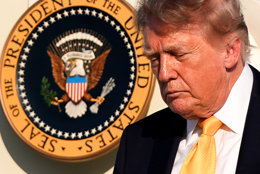 President Donald Trump disembarks Air Force One at Morristown Airport, Friday, Sept. 4, 2026, in Morristown, N.J. (AP Photo/Julia Demaree Nikhinson)