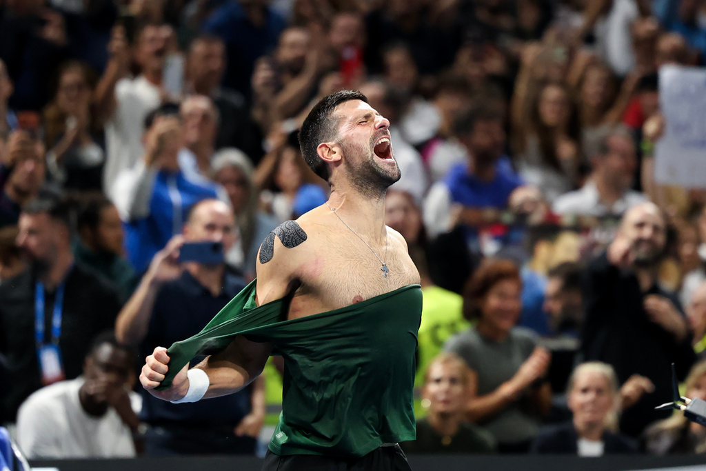 Novak Djokovic of Serbia reacts after winning the ATP 250 tennis tournament final match against Lorenzo Musetti of Italy, in Athens, Greece, Saturday, Nov. 8, 2025. (AP Photo/Yorgos Karahalis)