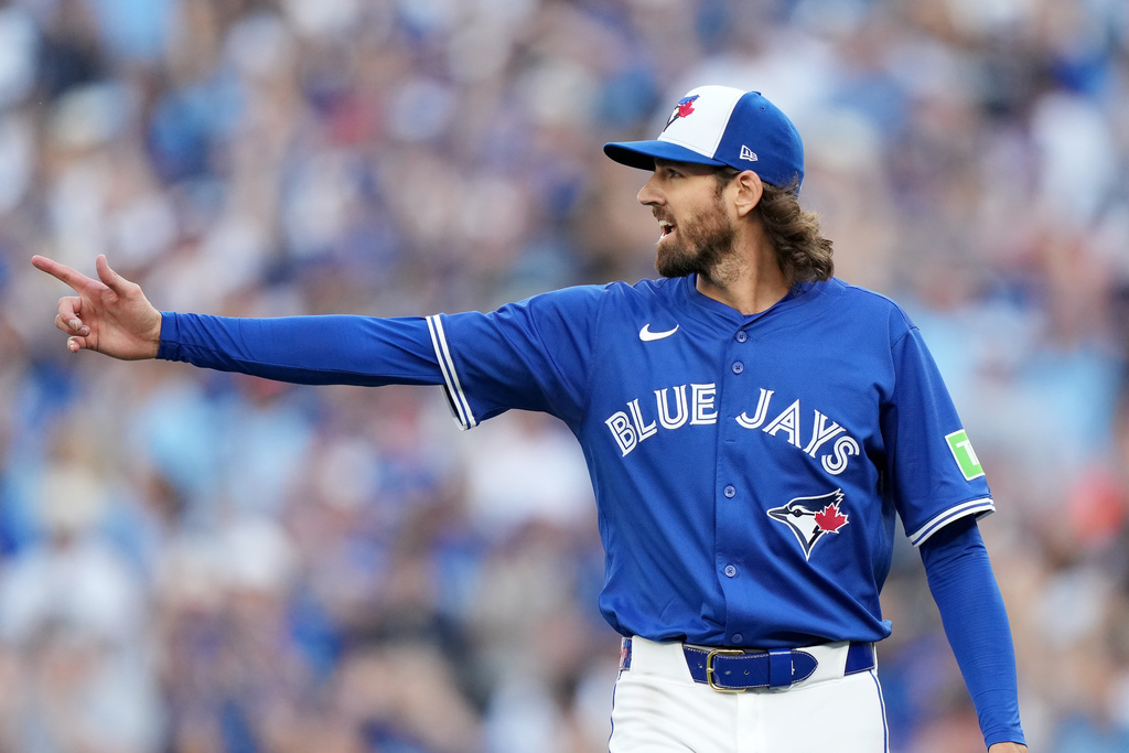 Toronto Blue Jays pitcher Kevin Gausman reacts to a pop fly out against the New York Yankees during the fifth inning in Game 1 of baseball's American League Division Series, Saturday, Oct. 4, 2025, in Toronto. (Nathan Denette/The Canadian Press via AP)
