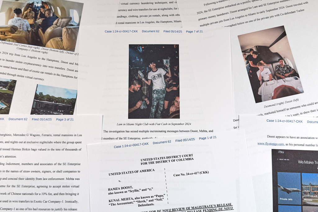 This Justice Department court filing in the case against Hamza Doost and Kunal Mehta, that includes a photo of Malone Lam, is photographed Friday, Sept. 4, 2026. (AP Photo/Jon Elswick)