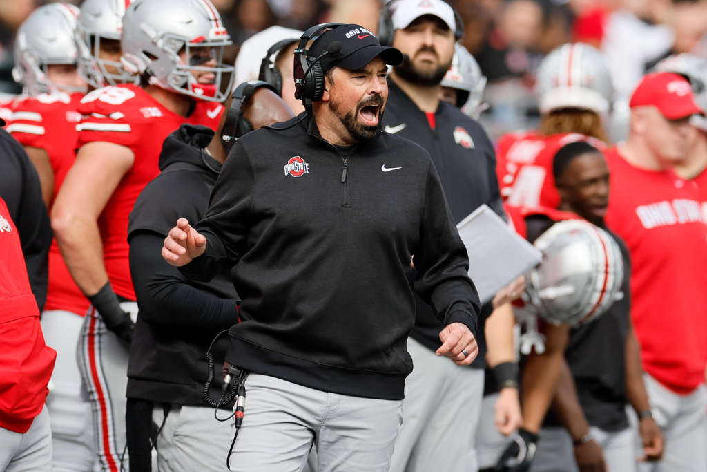Ohio State head coach Ryan Day shouts to his team during the first half of an NCAA college football game against Penn State, Saturday, Nov. 1, 2025, in Columbus, Ohio. (AP Photo/Jay LaPrete)