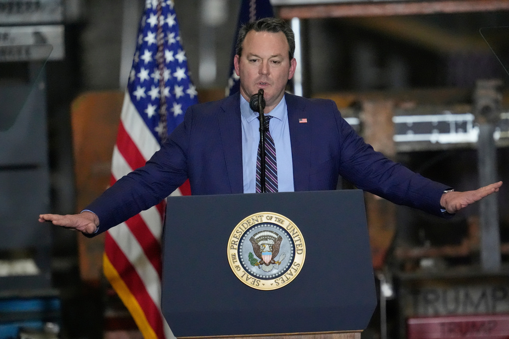Georgia Lt. Gov. Burt Jones speaks at a rally at Coosa Steel Corporation for President Donald Trump in Rome, Ga., Thursday, Feb. 19, 2026. (AP Photo/George Walker IV)