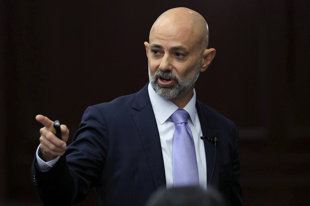 Defense attorney James Hill speaks during opening statements in the trial of Mario Fernandez Saldana at the Duval County Courthouse on Monday, Aug. 17, 2026, in Jacksonville, Fla. (Corey Perrine/The Florida Times-Union via AP, Pool)