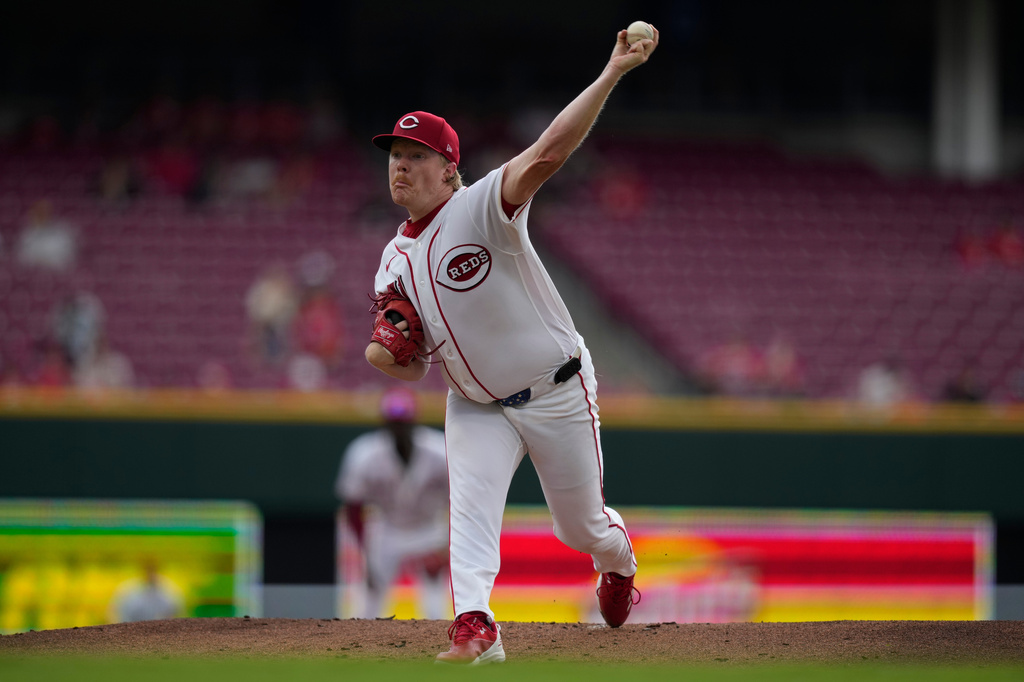 Cincinnati Reds pitcher Andrew Abbott throws during the first inning of a baseball game against the Athletics in Cincinnati, Thursday, Aug. 6, 2026. (AP Photo/Carolyn Kaster)