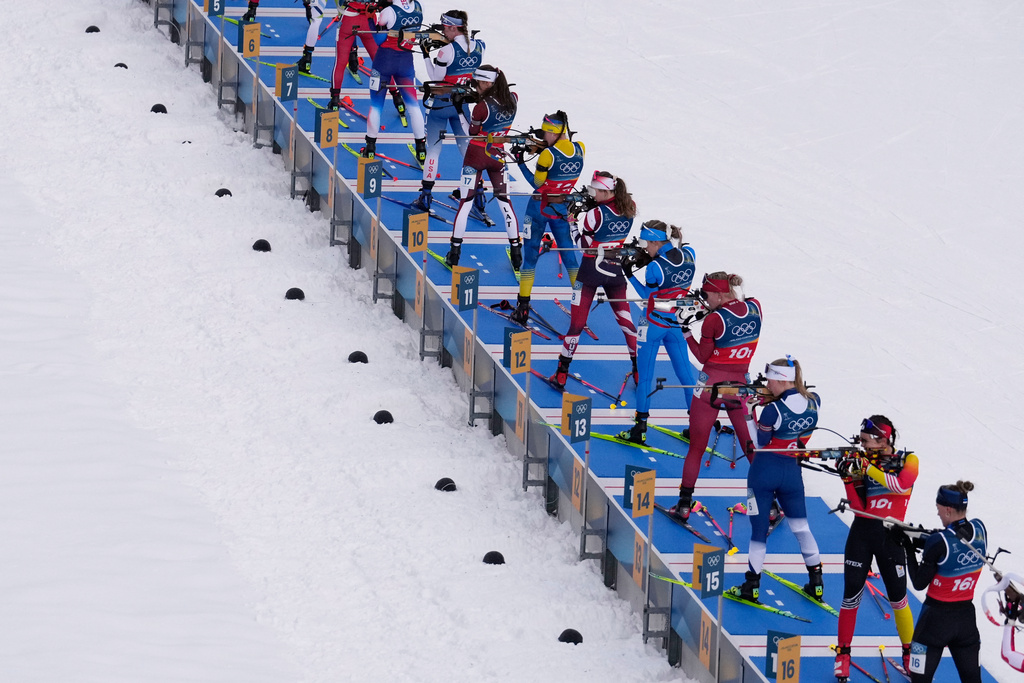 Athletes compete in the women's 4x6-kilometer relay biathlon race at the 2026 Winter Olympics in Anterselva, Italy, Wednesday, Feb. 18, 2026. (AP Photo/Mosa'ab Elshamy)