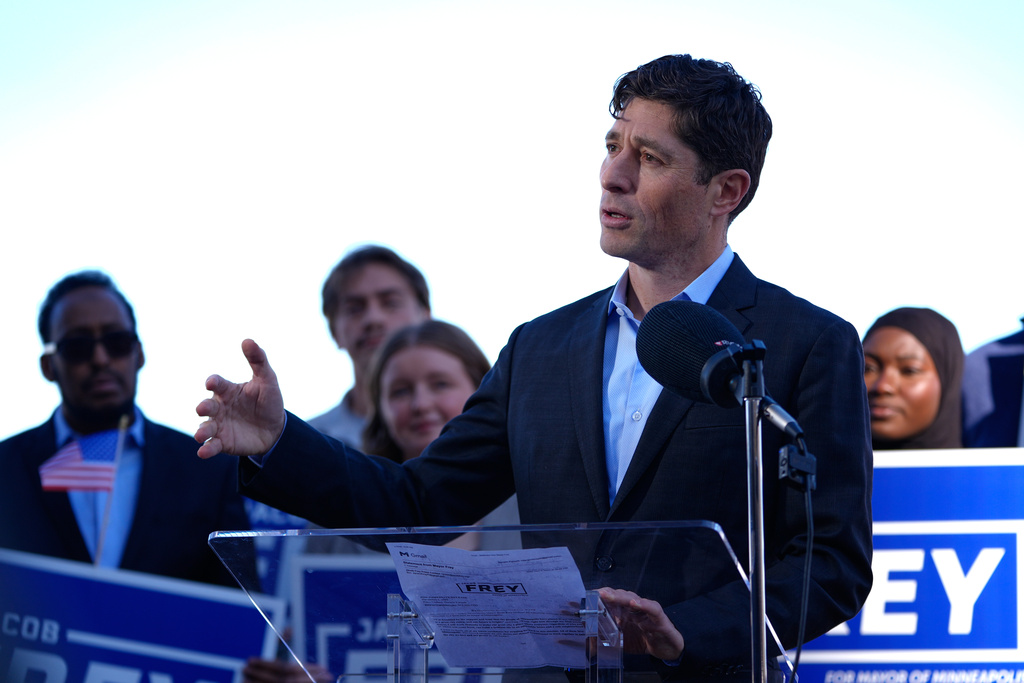 Minneapolis Mayor Jacob Frey talks during a news conference after his reelection Wednesday, Nov. 5, 2025, in Minneapolis. (AP Photo/Abbie Parr)
