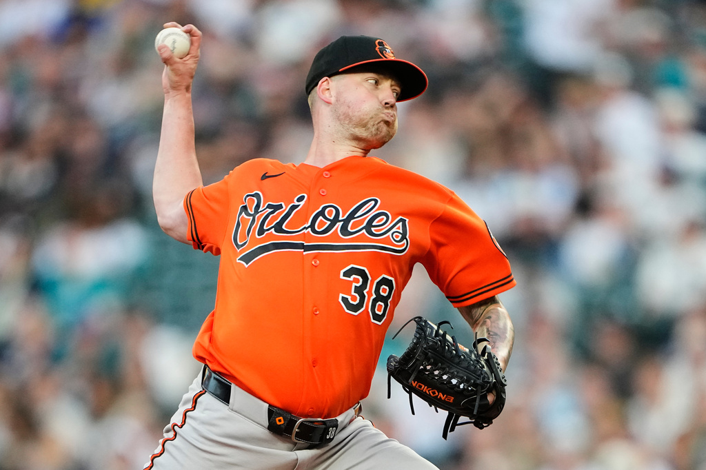 Baltimore Orioles starting pitcher Kyle Bradish throws against the Seattle Mariners during the seventh inning of a baseball game, Wednesday, June 17, 2026, in Seattle. (AP Photo/Lindsey Wasson)