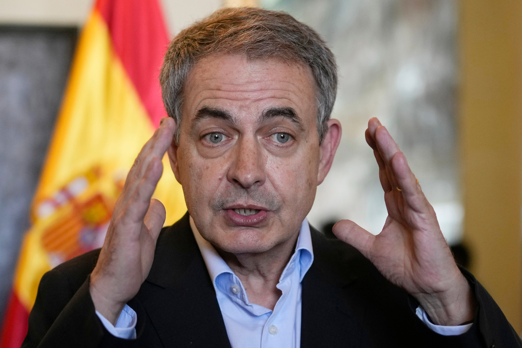 FILE - Spain's former Prime Minister Jose Luis Rodriguez Zapatero speaks to journalists in La Paz, Bolivia, Thursday, May 12, 2022. (AP Photo/Juan Karita, File)