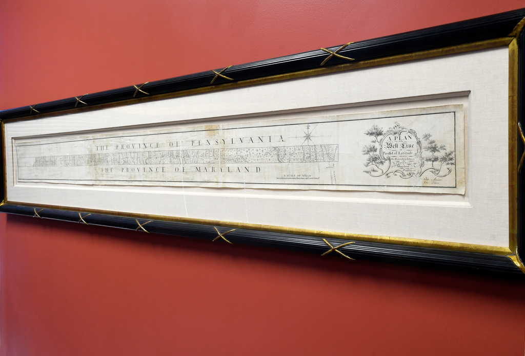 This photo provided by Brunk Auctions shows the original, hand-drawn survey of the Mason-Dixon Line at Brunk Auctions in Asheville, N.C., Monday, Oct. 26, 2026. (Monica Scott/Brunk Auctions via AP)