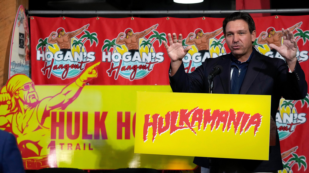 Florida Gov. Ron DeSantis gestures during a news conference after naming a trail in honor of wrestling legend Hulk Hogan Friday, Oct. 3, 2025, in Clearwater, Fla. (AP Photo/Chris O'Meara)