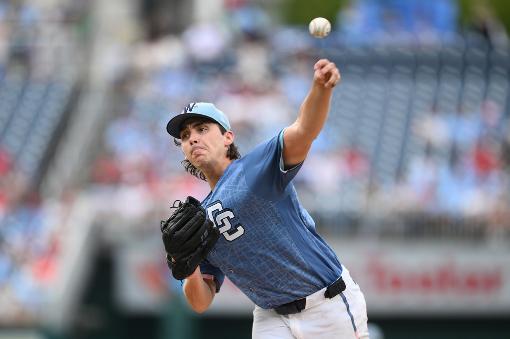 Washington Nationals pitcher Andrew Alvarez throws during the third inning of a baseball game against the Los Angeles Angels, Saturday, Sept. 12, 2026, in Washington. (AP Photo/Nick Wass)