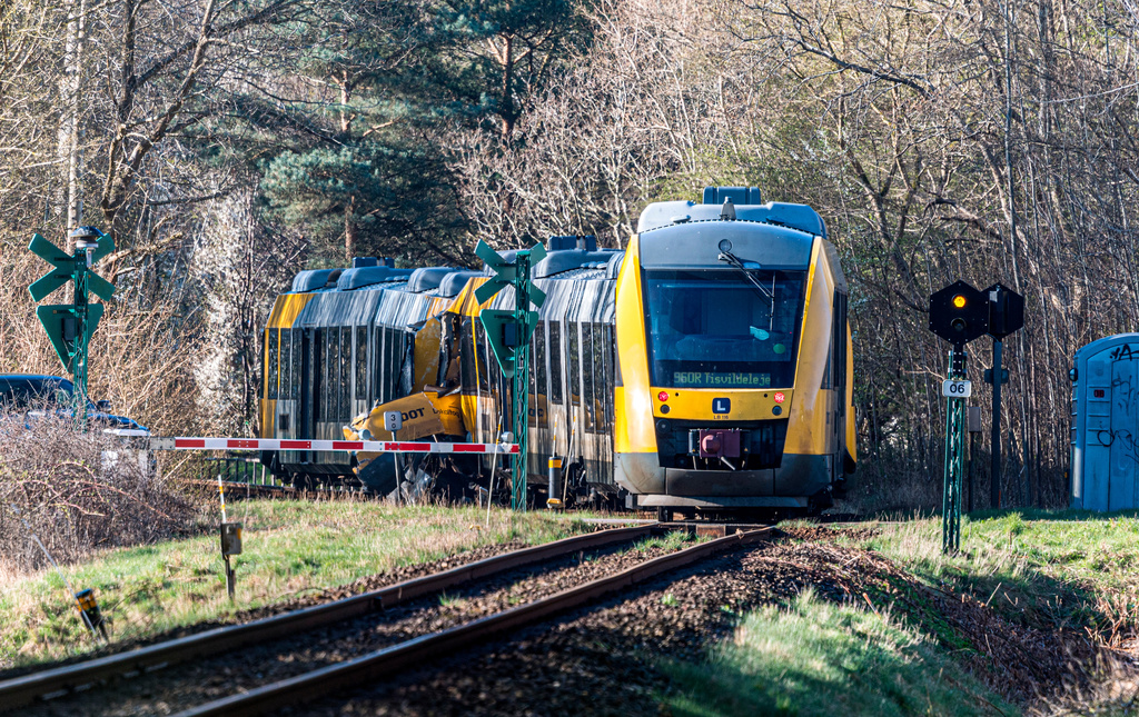Two trains have collided between Hilleroed and Kagerup, north of Copenhagen, Thursday, April 23, 2026. (Steven Knap/Ritzau Scanpix via AP)