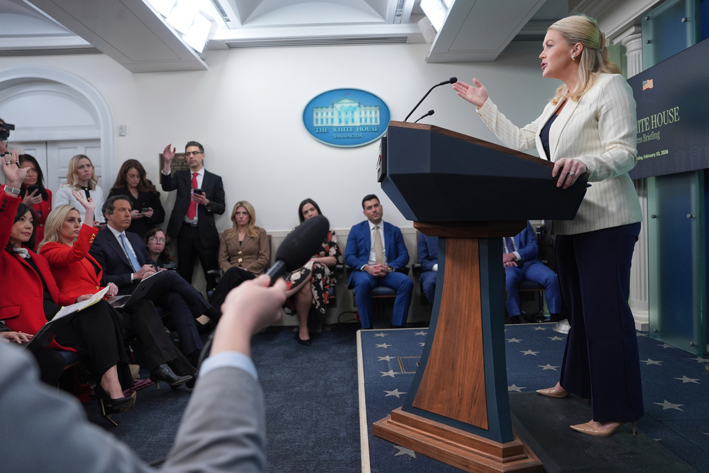 White House press secretary Karoline Leavitt speaks during a briefing at the White House, Tuesday, Feb. 10, 2026, in Washington. (AP Photo/Evan Vucci)