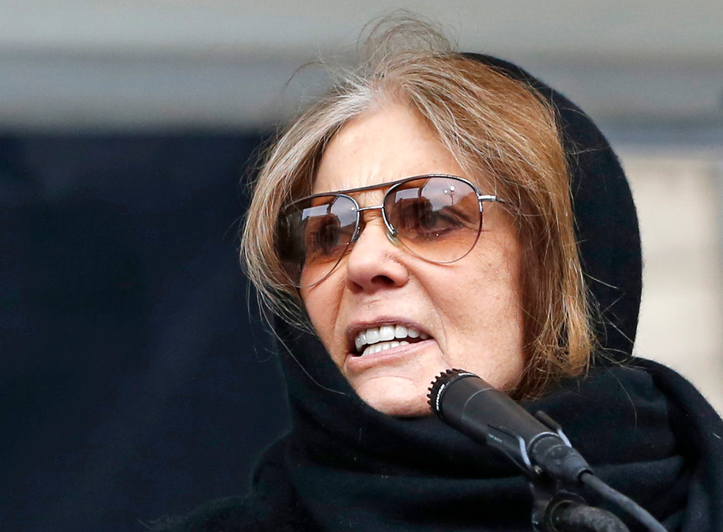 FILE - Feminist Gloria Steinem speaks at a rally organized by Women's March NYC in New York on Jan. 19, 2019. (AP Photo/Kathy Willens, File)