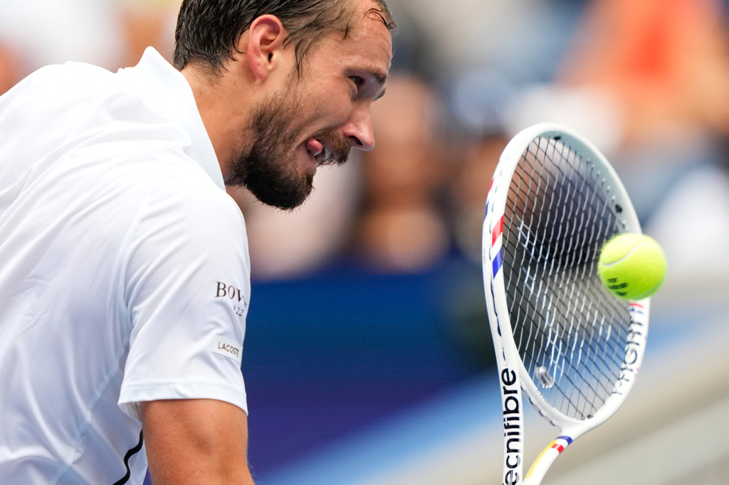 Daniil Medvedev, of Russia, returns the ball to Sebastian Gorzny, of the United States, during the second round of the U.S. Open tennis championships Wednesday, Sept. 2, 2026, in New York. (AP Photo/Yuki Iwamura)