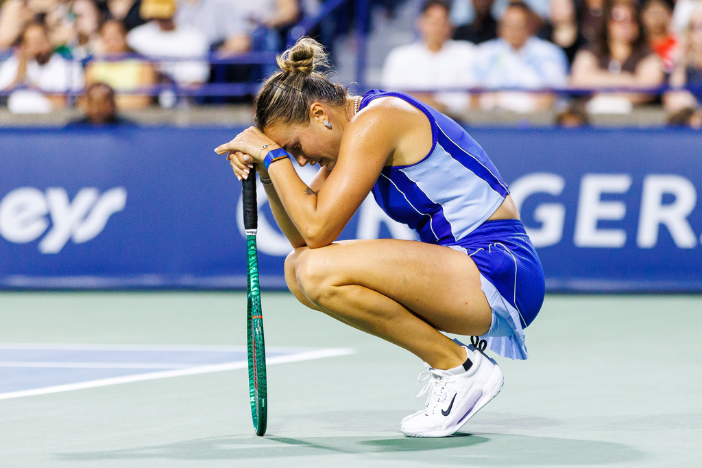 Aryna Sabalenka reacts during a match against Ekaterina Alexandrova during the round of 16 National Bank Open Tennis tournament in Toronto, on Saturday, Aug. 8, 2026. (Keito Newman/The Canadian Press via AP)