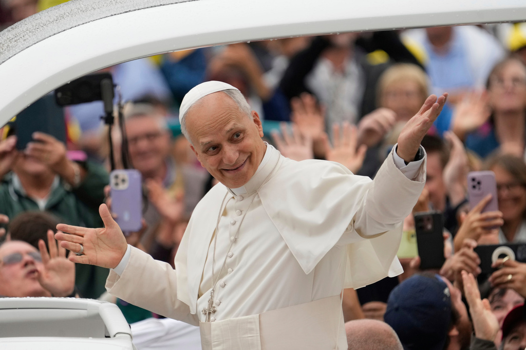 FILE - Pope Leo XIV arrives for his weekly general audience in St. Peter's Square, at the Vatican, Sept. 10, 2025. (AP Photo/Gregorio Borgia, File)