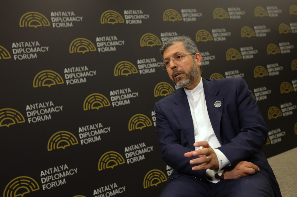Iran's Deputy Foreign Minister Saeed Khatibzadeh talks during an interview with Associated Press at the Antalya Diplomacy Forum, in Antalya, southern Turkey, Saturday, April 18, 2026. (AP Photo/Riza Ozel)