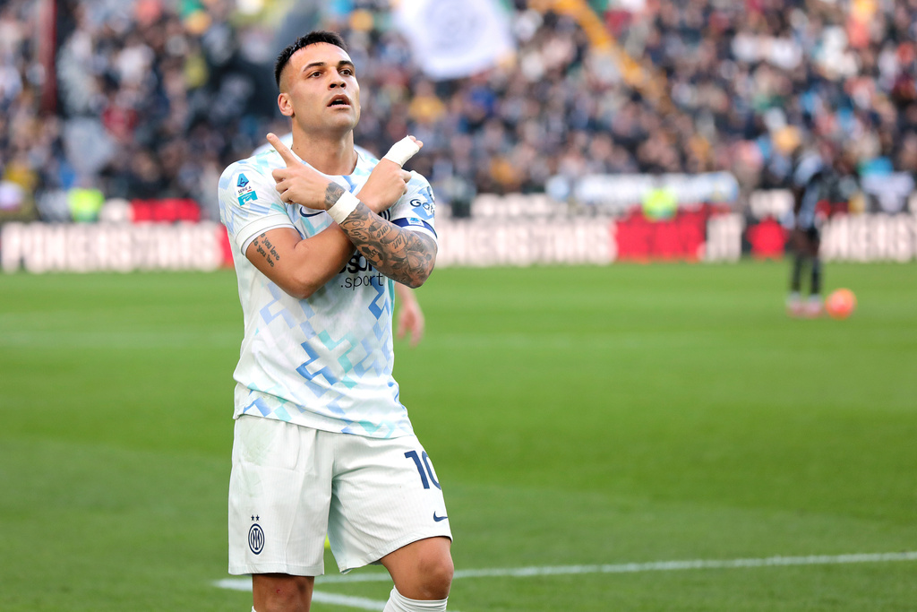 Inter Milan's Lautaro Martinez celebrates after scoring his side's opening goal, during the Serie A soccer match between Udinese and Inter, in Udine, Italy, Saturday, Jan. 17, 2026. (Andrea Bressanutti/LaPresse via AP)