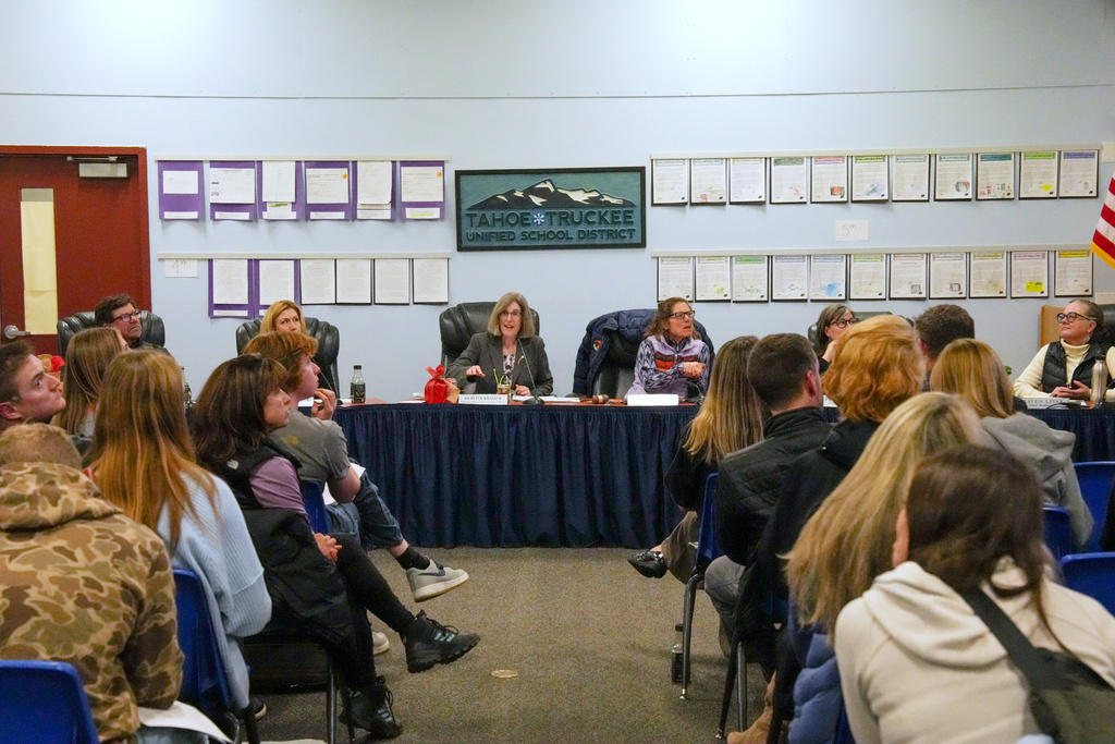 The Tahoe Truckee Unified School district holds a meeting on Wednesday, Dec. 17, 2025 in Truckee, Calif. (AP Photo/Brooke Hess-Homeier)