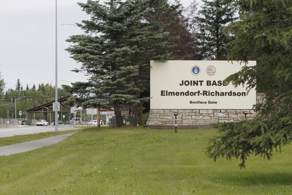 FILE - A sign marks the entrance to Joint Base Elmendorf-Richardson in Anchorage, Alaska, Wednesday, Aug. 13, 2025. (AP Photo/Mark Thiessen,File)