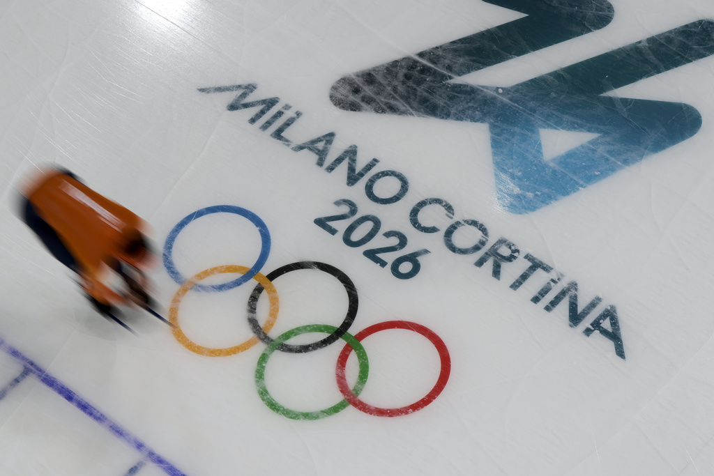 A skater practices on the speedskating rink at the 2026 Winter Olympics, in Milan, Italy, Wednesday, Feb. 4, 2026. (AP Photo/Christophe Ena)