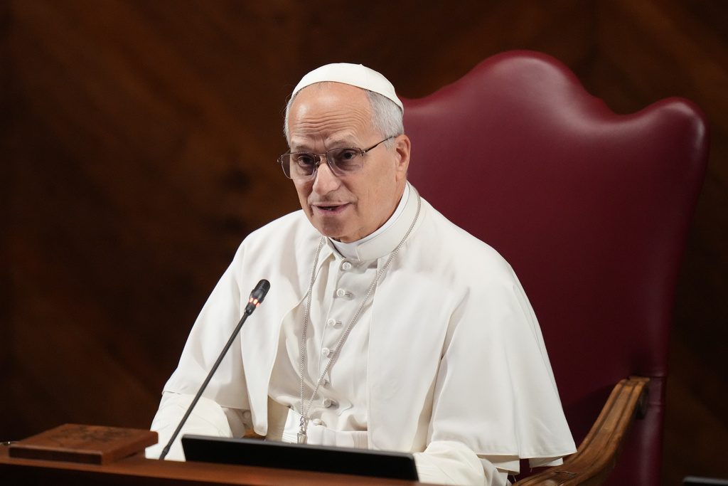 Pope Leo XIV delivers his speech at the Pontifical Lateran University on the occasion of the opening of the academic year, in Rome, Friday, Nov. 14, 2025. (AP Photo/Alessandra Tarantino)