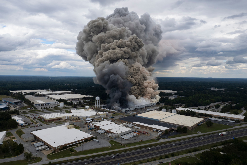 FILE - Smoke billows from a fire at the BioLab facility in Conyers, Ga., Sunday, Sept. 29, 2024. (Ben Gray/Atlanta Journal-Constitution via AP, file)