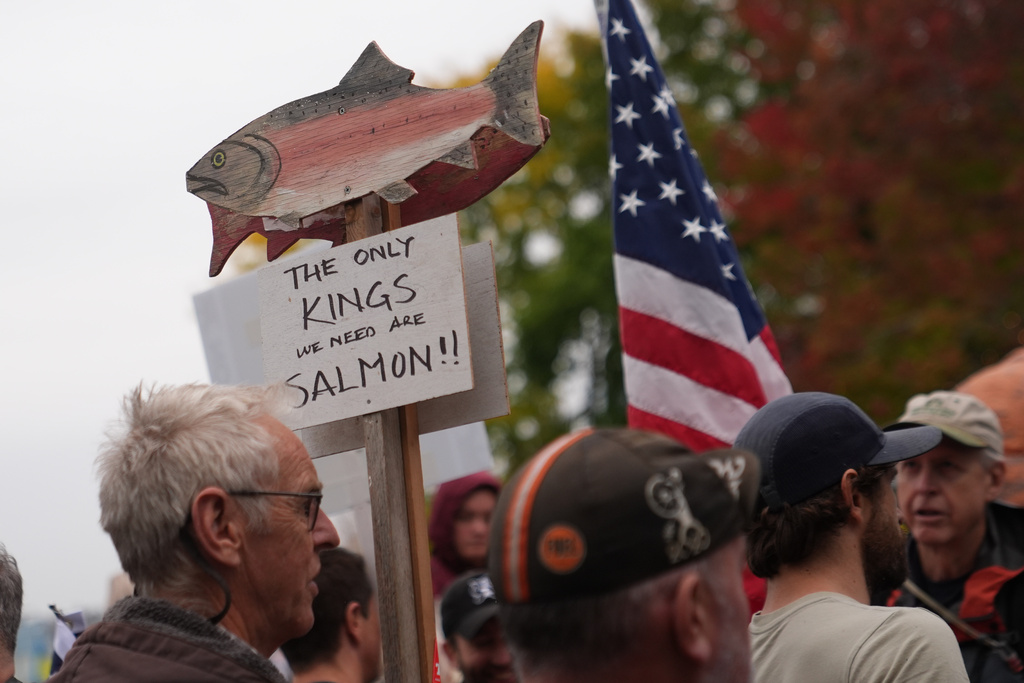 People take part in a "No Kings" protest Saturday, Oct. 18, 2025, in Seattle. (AP Photo/Lindsey Wasson)