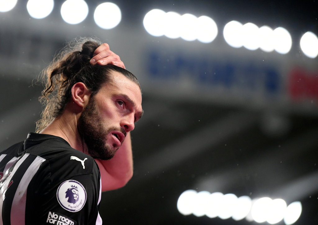 FILE - Newcastle's Andy Carroll reacts at the end of the English Premier League soccer match between Newcastle United and Leicester City at St. James' Park in Newcastle, England, Jan. 3, 2021. (Michael Regan/Pool via AP, File)