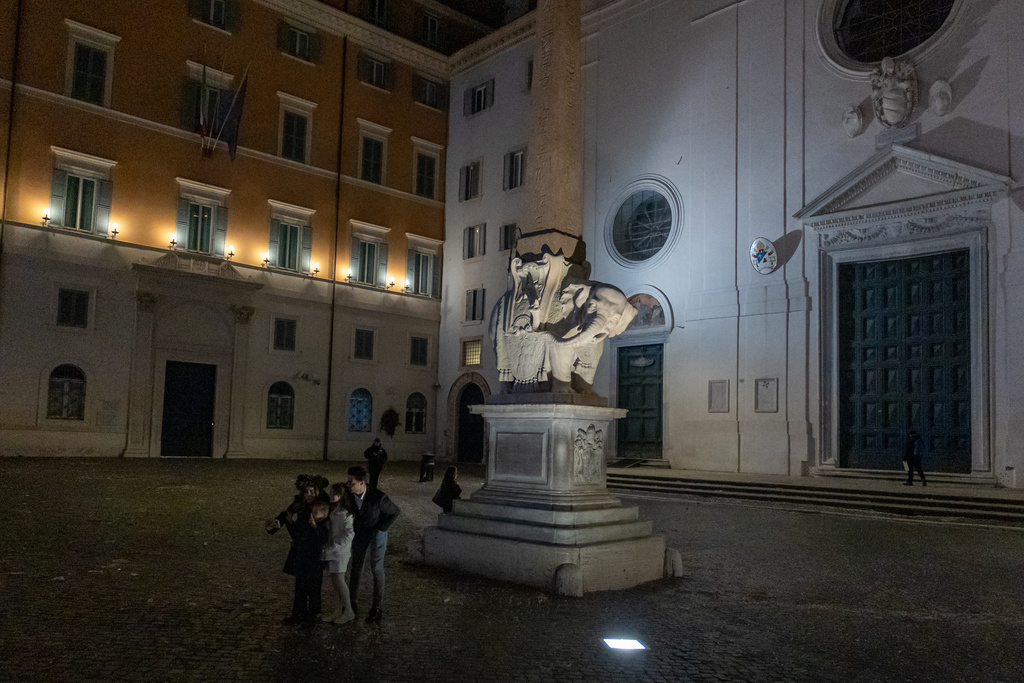 The iconic Elephant and Obelisk monument in Rome, designed by Baroque sculptor Gian Lorenzo Bernini, is seen without the tip of the left tusk on Tuesday, Feb. 17, 2026, after Police found an 11-centimeter (4-inch) marble fragment near the statue over the weekend. (Francesco Benvenuti/Lapresse via AP)