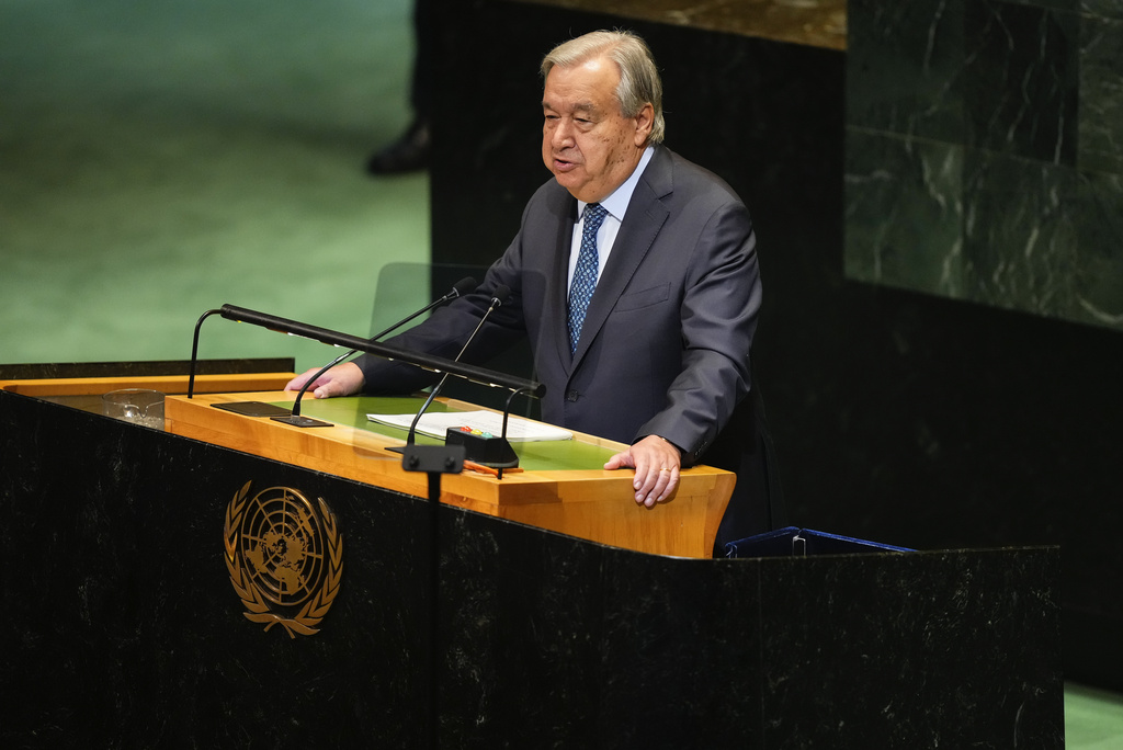 Secretary General Antonio Guterres speaks during the 80th session of the United Nations General Assembly, Tuesday, Sept. 23, 2025, at UN headquarters. (AP Photo/Yuki Iwamura)