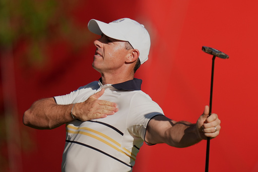 Europe's Rory McIlroy celebrates after a putt on the 15th hole during their singles match on the Bethpage Black golf course at the Ryder Cup golf tournament, Sunday, Sept. 28, 2025, in Farmingdale, N.Y. (AP Photo/Seth Wenig) Europe's Rory McIlroy celebrates after a putt on the 15th hole during their singles match on the Bethpage Black golf course at the Ryder Cup golf tournament, Sunday, Sept. 28, 2025, in Farmingdale, N.Y. (AP Photo/Seth Wenig)