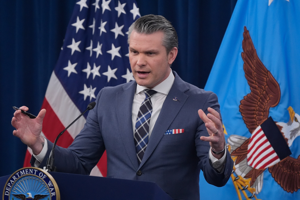 Defense Secretary Pete Hegseth speaks to members of the media during a press briefing at the Pentagon in Washington, Thursday, March 19, 2026. (AP Photo/Manuel Balce Ceneta)