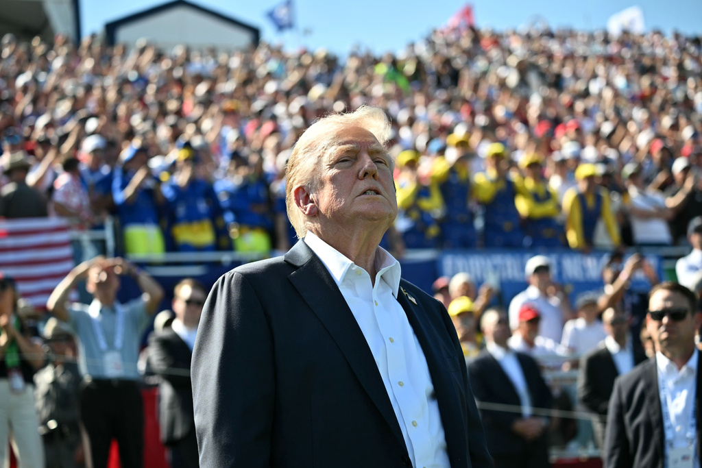 President Donald Trump attends the Ryder Cup golf tournament at Bethpage Black Golf Course in Farmingdale, N.Y., Friday, Sept. 26, 2025. (Mandel Ngan/Pool Photo via AP)