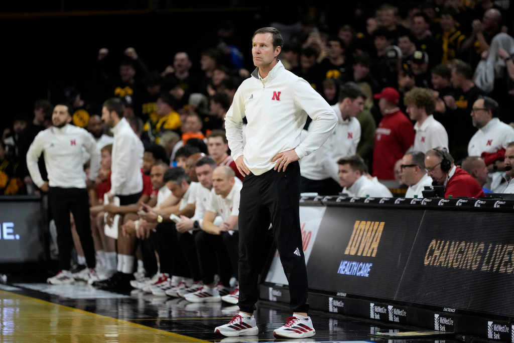 Nebraska head coach Fred Hoiberg watches from the bench during the second half of an NCAA college basketball game against Iowa, Tuesday, Feb. 17, 2026, in Iowa City, Iowa. (AP Photo/Charlie Neibergall)