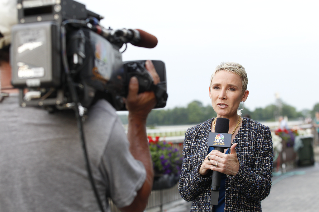 Donna Brothers speaks during a feature for NBC Sports before the Belmont Derby horse race at Belmont Park in Elmont, N.Y., in 2012. (Michael Cohen/NBC via AP)