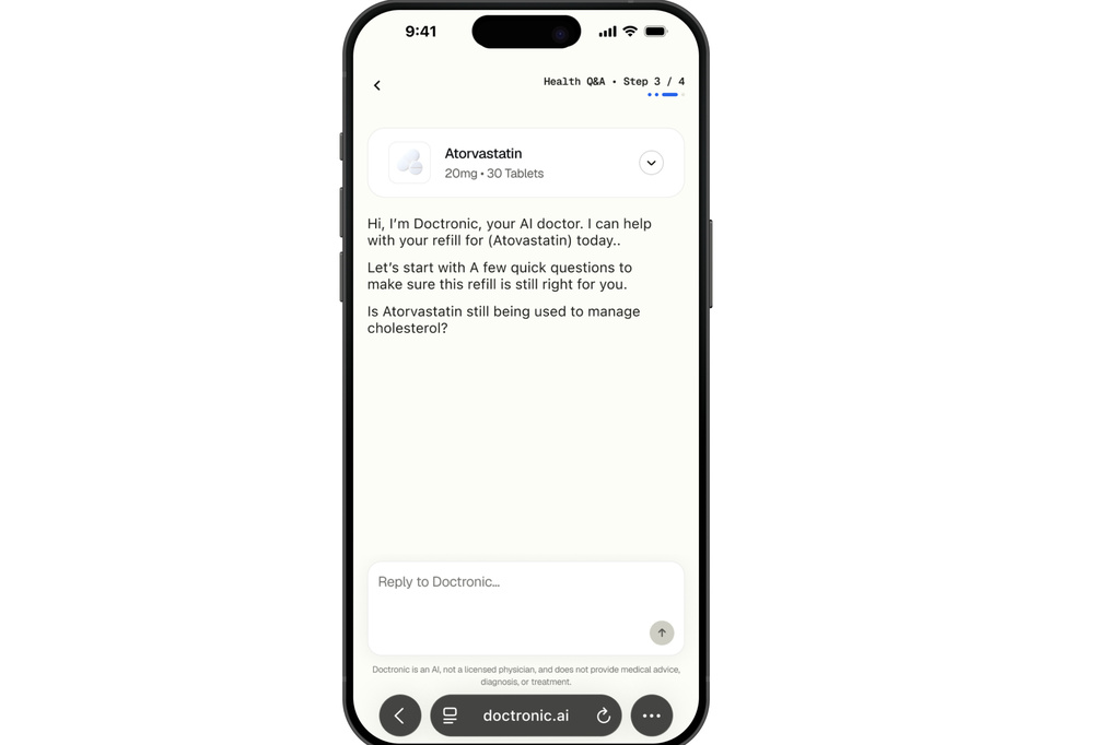 This illustration provided by Doctronic depicts the process for refilling prescriptions online with an AI chatbot on a smartphone. (Doctronic via AP)