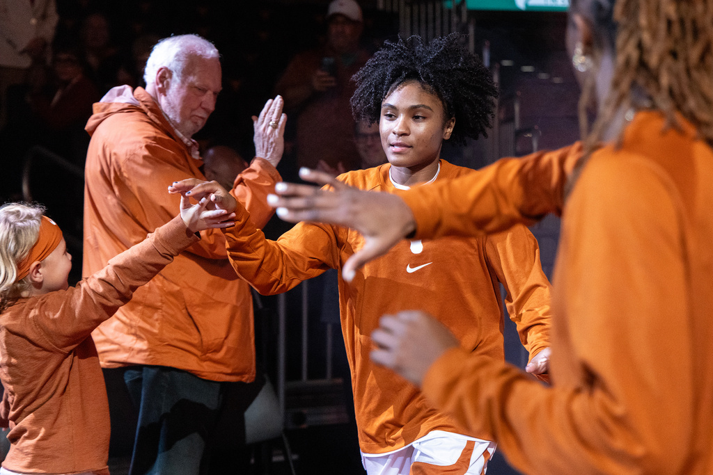 Texas guard Rori Harmon takes the court against Northwestern State ahead of an NCAA college basketball game, Sunday, Dec. 17, 2025, in Austin, Texas. (AP Photo/Stephen Spillman)