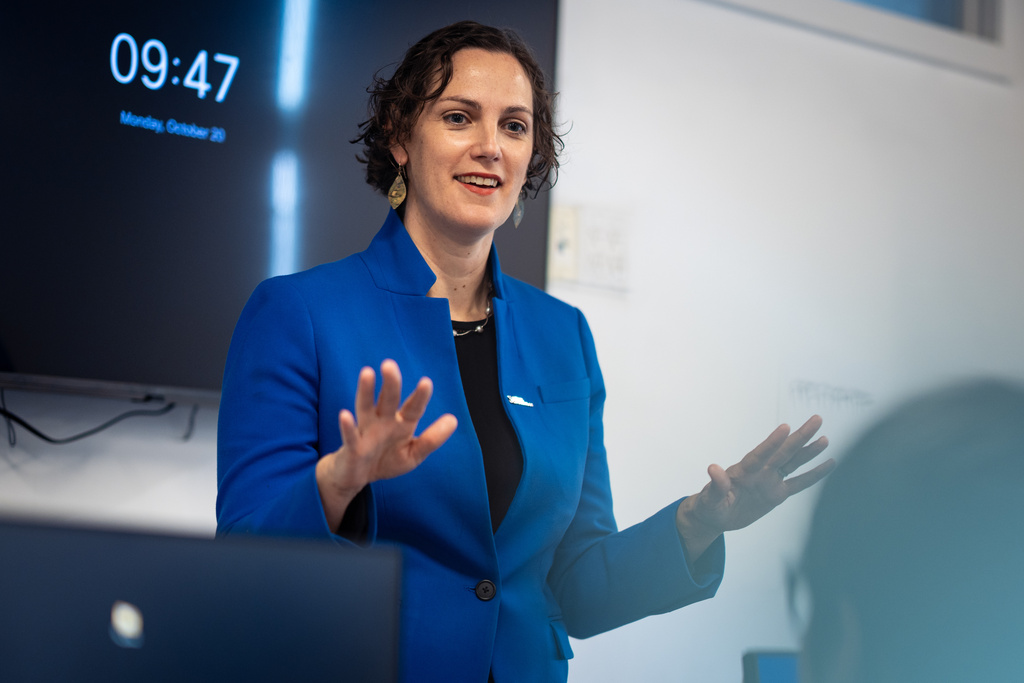Caitlyn Brazill, President of Per Scholas, speaks to a Per Scholas class at the training center's Brooklyn Campus, Monday, Oct. 20, 2025, in New York. (AP Photo/Angelina Katsanis)