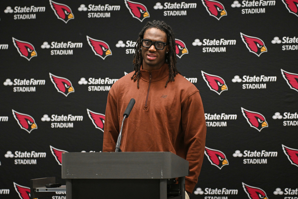 Arizona Cardinals' Marvin Harrison Jr. responds to a question during a news conference after an NFL football game against the Dallas Cowboys Monday, Nov. 3, 2025, in Arlington, Texas. (AP Photo/Jessica Tobias)