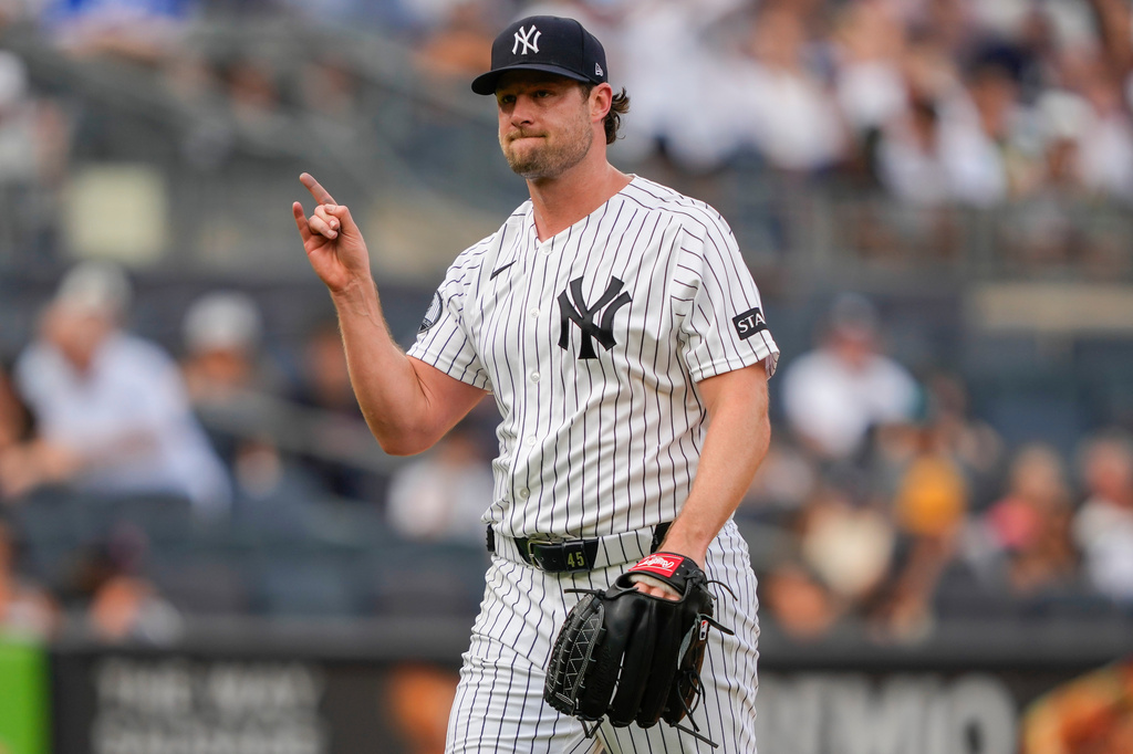 New York Yankees pitcher Gerrit Cole reacts after Atlanta Braves' Jim Jarvis strikes out during the seventh inning of a baseball game, Saturday, Aug. 8, 2026, in New York. (AP Photo/Yuki Iwamura)