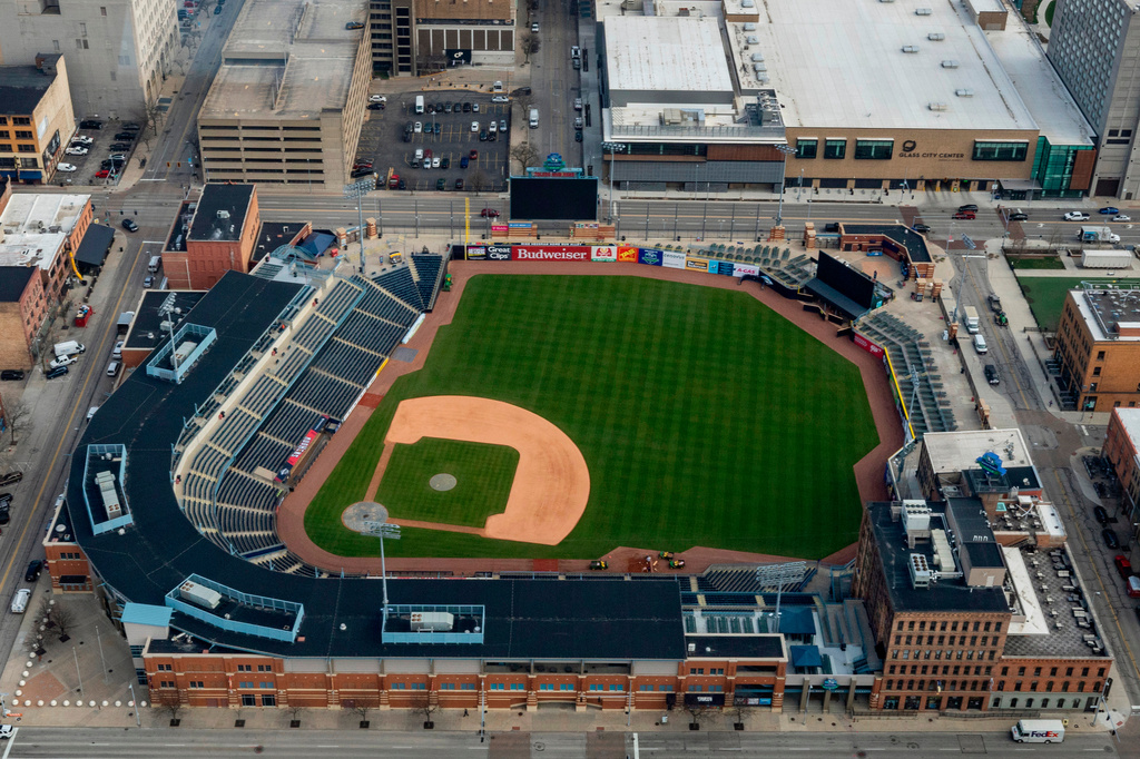 FILE - Ariel view of Fifth Third Field, home to the Toledo Mud Hens minor league baseball team, on March 13, 2024, in Toledo, Ohio. (Jeremy Wadsworth/The Blade via AP, File)