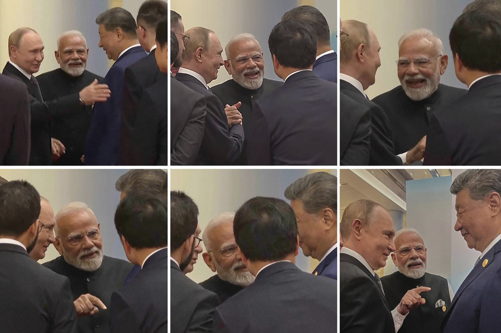 In this combination photograph, Russian President Vladimir Putin, left, Indian Prime Minister Narendra Modi, centre, and Chinese President Xi Jinping talk ahead of the Shanghai Cooperation Organization (SCO) summit at the Meijiang Convention and Exhibition Center in Tianjin, China, Monday, Sept. 1, 2025. (Indian Prime Minister's Office/Video Pool via AP)