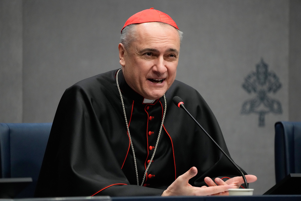 Cardinal Mauro Gambetti, Archpriest of the Papal Basilica of St. Peter and President of the Fabric of St. Peter, talks to journalists during a press conference presenting the Initiatives for the 400th anniversary of the dedication of St. Peter's Basilica at the Vatican, Monday, Feb. 16, 2026. (AP Photo/Gregorio Borgia)