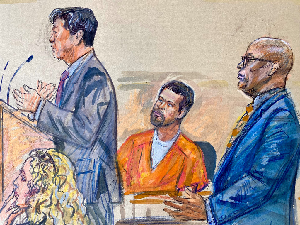 This courtroom sketch depicts Cole Tomas Allen, center, listening as his attorney Eugene Ohm, left, speaks to U.S. Magistrate Judge Zia Faruqui, Monday, May 4, 2026, in Washington, as Tony Towns, the acting general counsel for the District of Columbia Department of Corrections, listens at right. (Dana Verkouteren via AP)