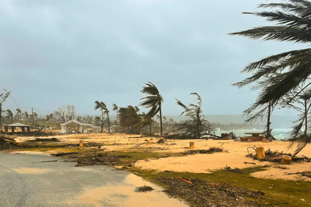 This photo provided by Mathew Masga shows debris caused by a super typhoon, Thursday, April 16, 2026, on Tinian, Northern Mariana Islands. (Mathew Masga via AP)
