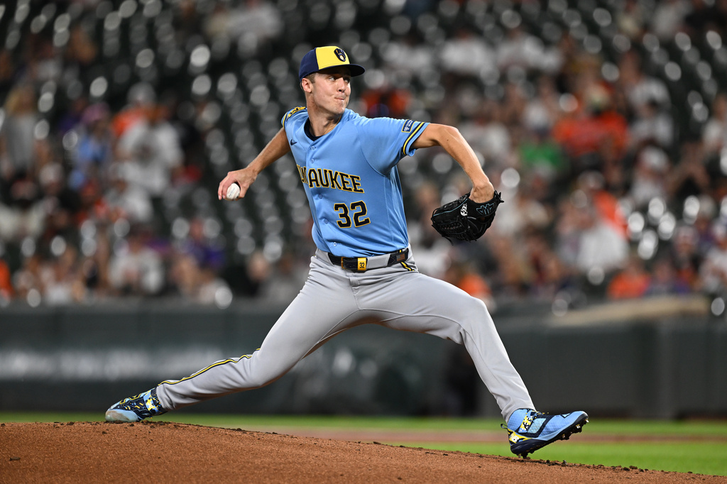 Milwaukee Brewers pitcher Jacob Misiorowski (32) delivers a pitch against the Baltimore Orioles in the first inning of a baseball game, Sunday, Sept. 20, 2026, in Baltimore. (AP Photo/Gail Burton)
